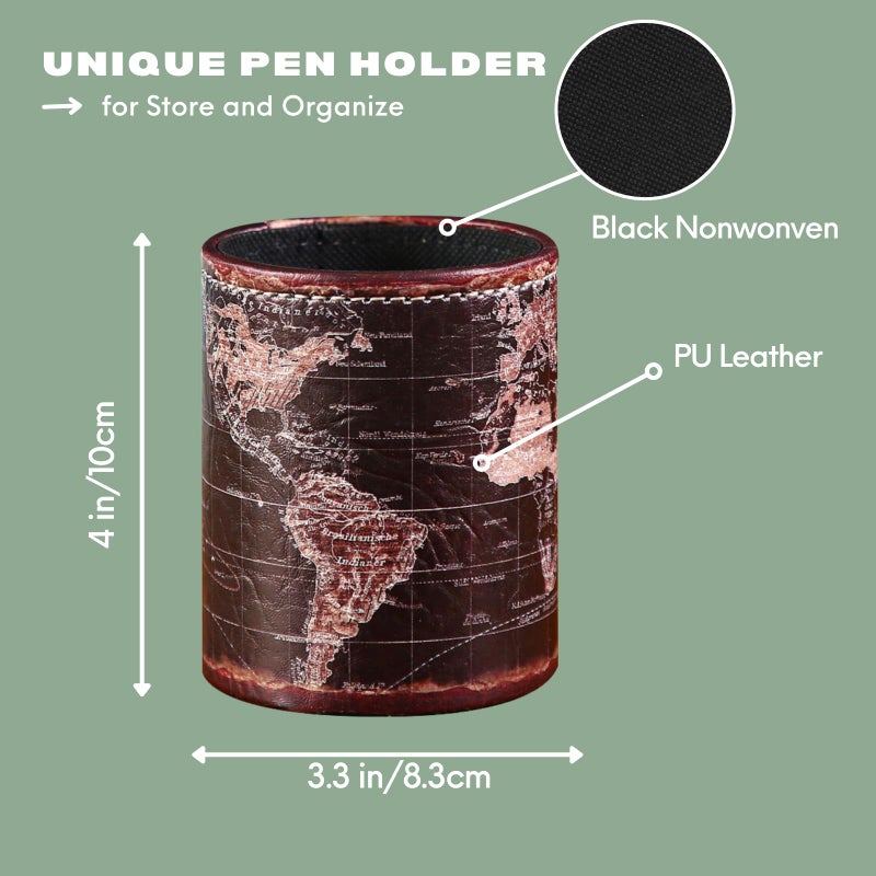 LINKWELL Black World Map Pencil Holder for Desk, PU leather Pencil Cup, Globe Pen Holder for Desk Office Supply Organizer PH46 - Image 4